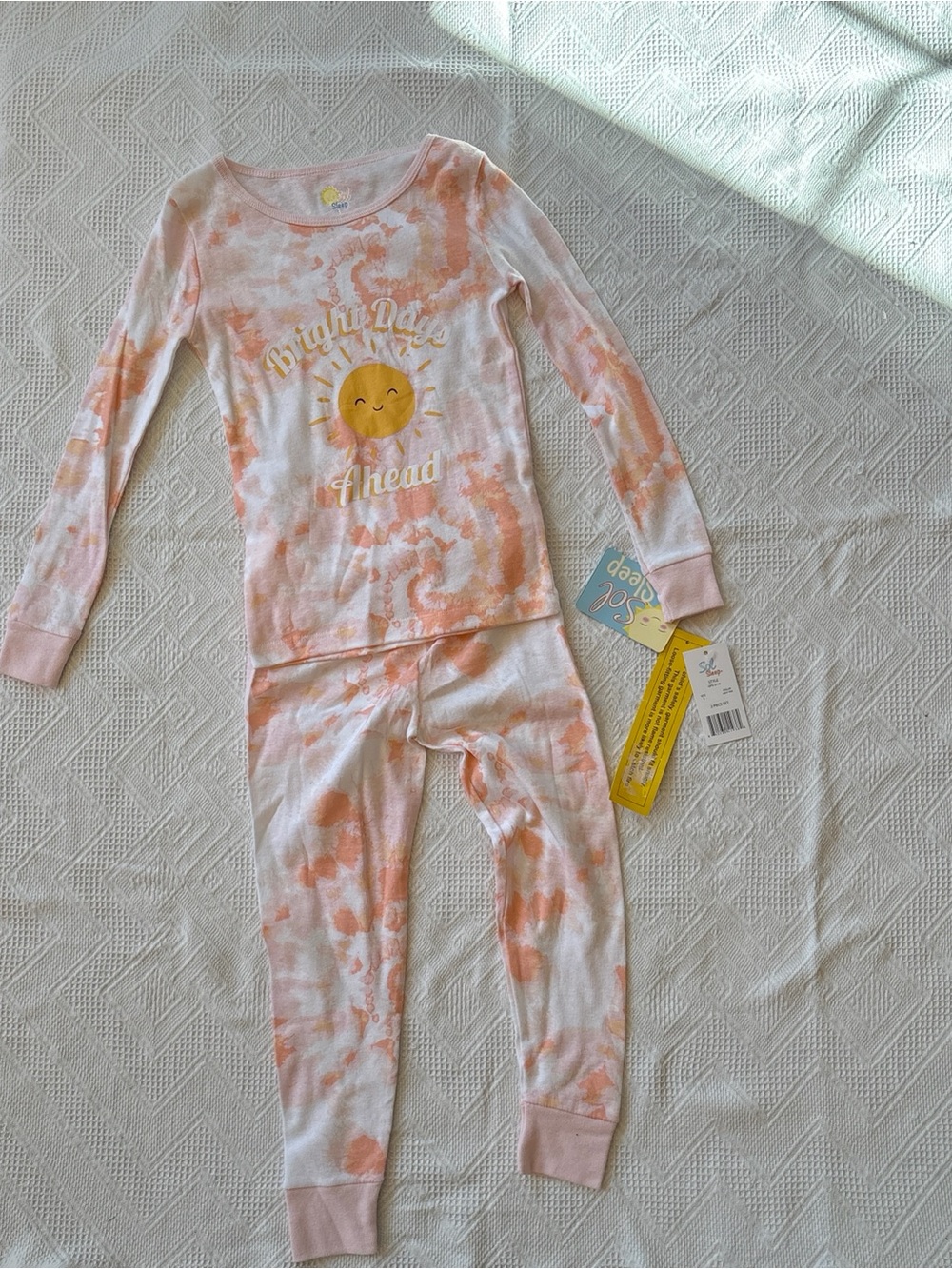 Girls' Peach Tie-Dye Pajama Set with Sunny Graphic